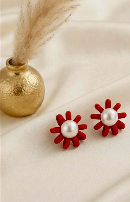 Matte Red Velvet Floral Pearl Studs.