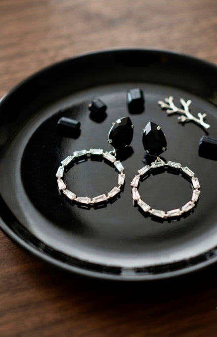 Black Crystal Hoop Drop Earrings.