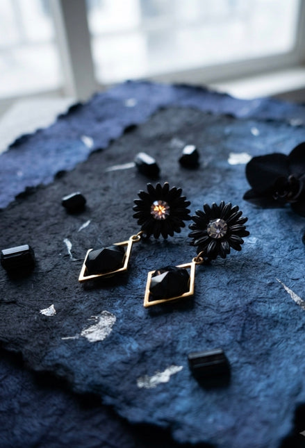 Korean Black Floral Earring