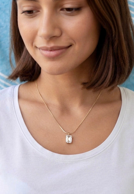 White Square Locket With Golden Chain