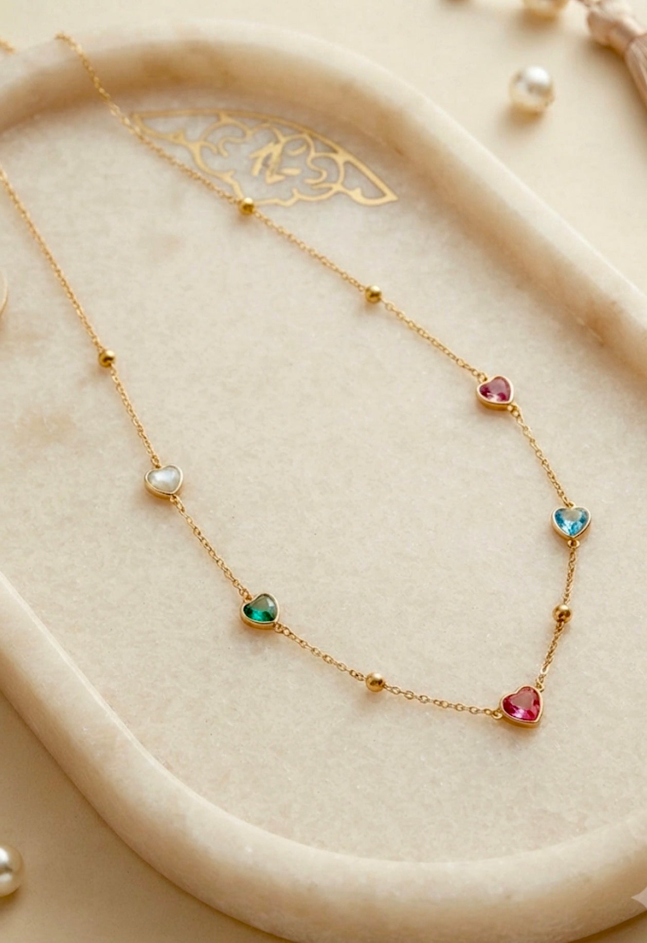 Multicolor Crystal Heart Charm Chain With Studs