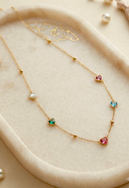 Multicolor Crystal Heart Charm Chain With Studs