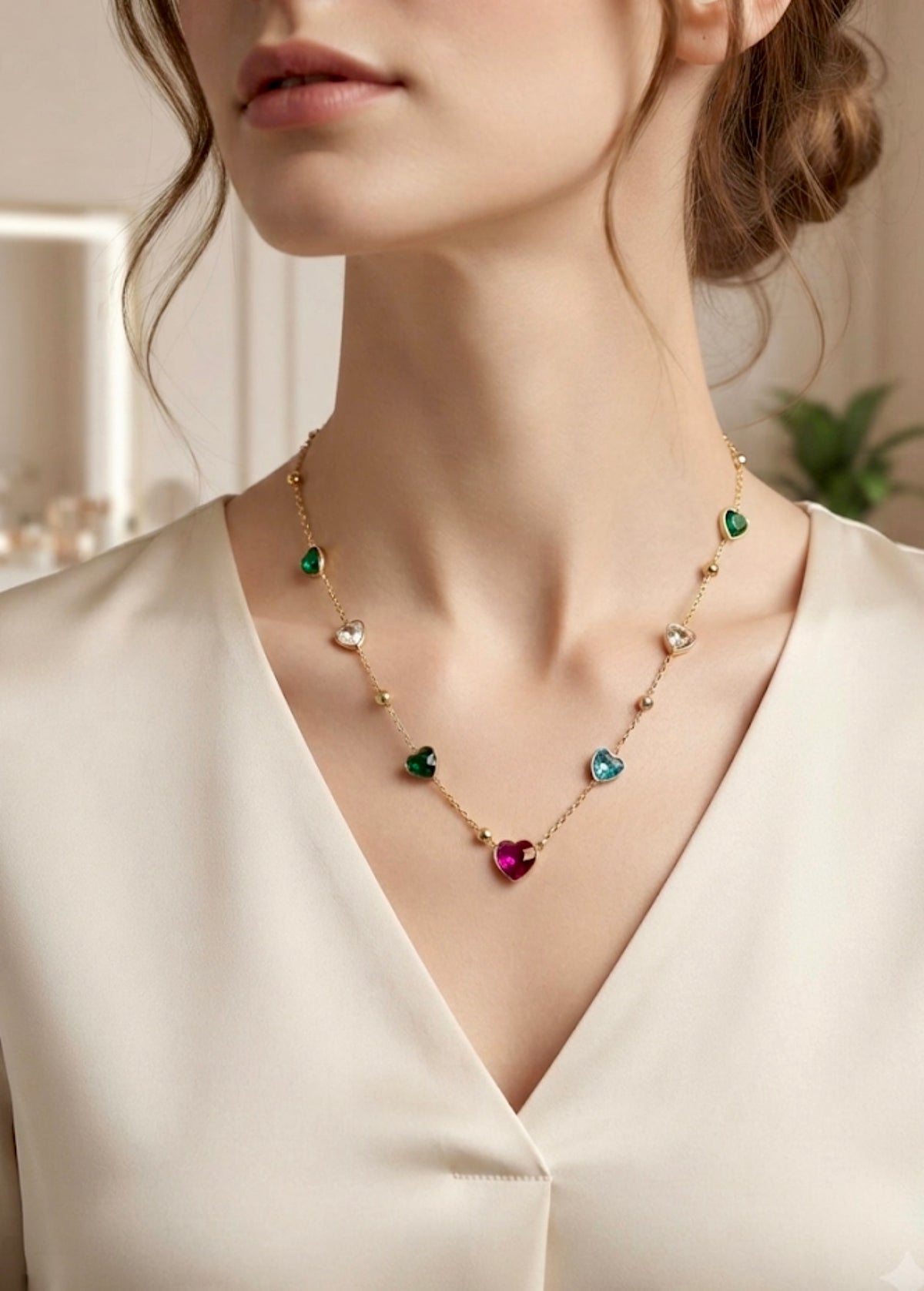 Multicolor Crystal Heart Charm Chain With Studs