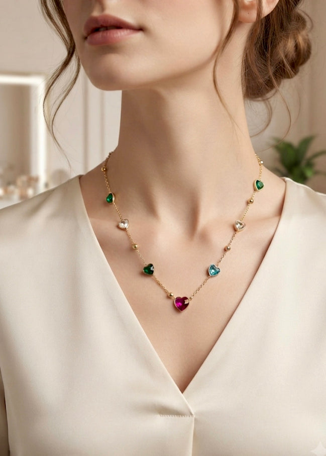 Multicolor Crystal Heart Charm Chain With Studs