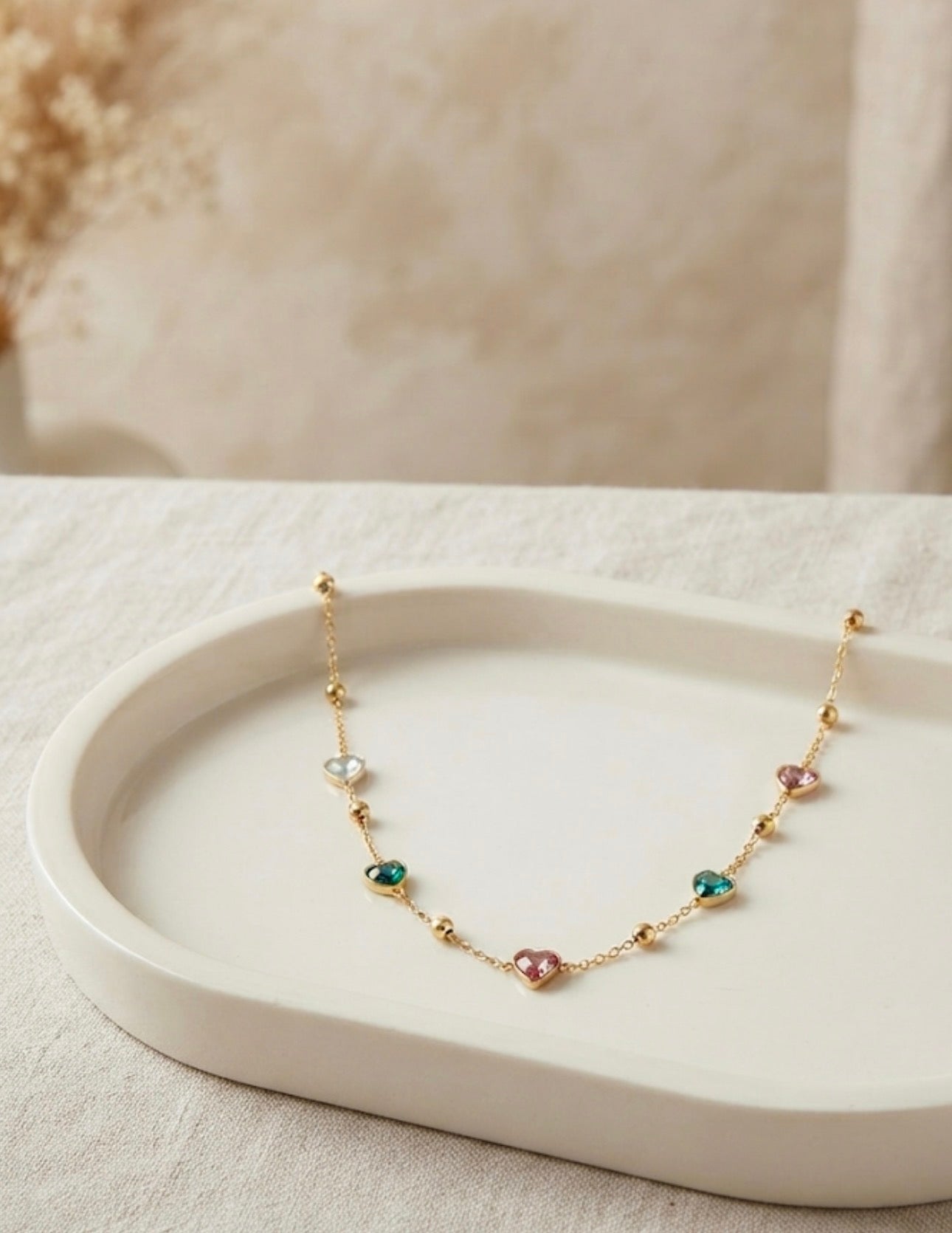 Multicolor Crystal Heart Charm Chain With Studs
