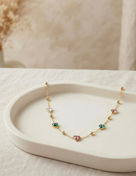 Multicolor Crystal Heart Charm Chain With Studs