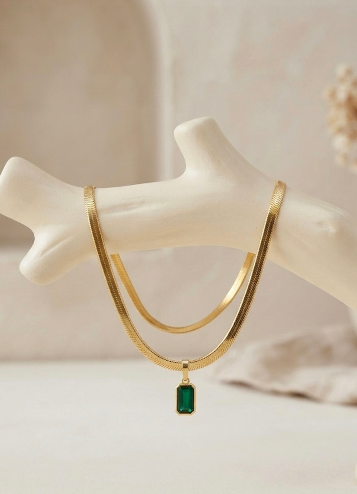 Emerald Baguette Herringbone Pendant Chain