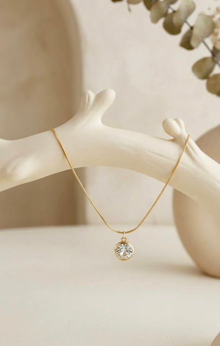 Round Crystal Solitaire Bezel Pendant Chain