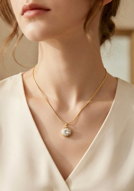 Round Crystal Solitaire Bezel Pendant Chain