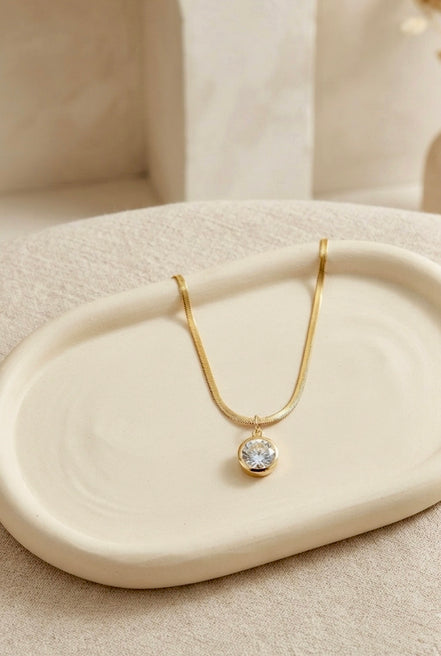 Round Crystal Solitaire Bezel Pendant Chain