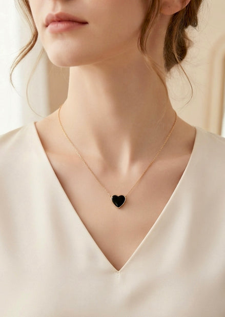 Black Enamel Heart Herringbone Pendant Chain