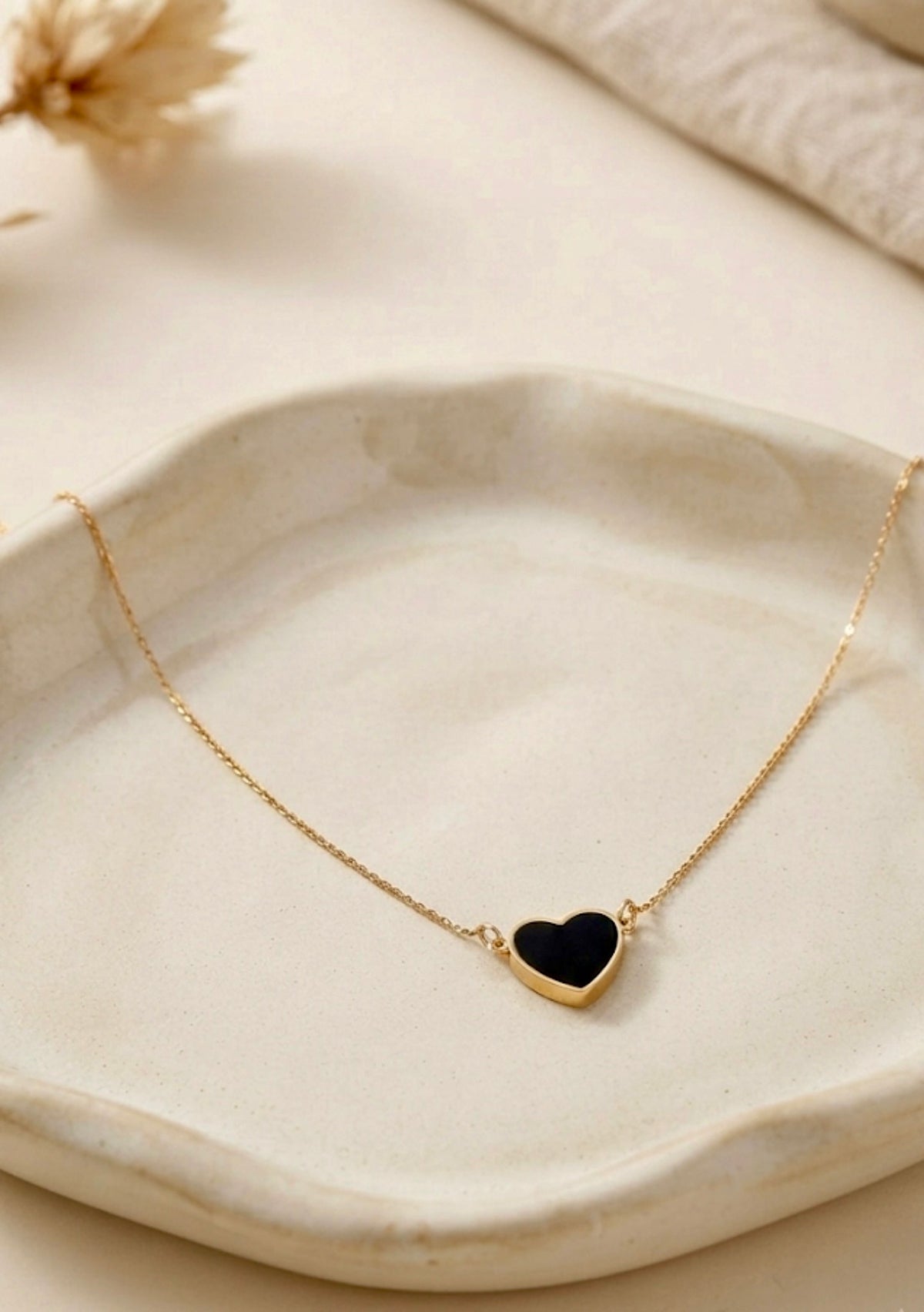 Black Enamel Heart Herringbone Pendant Chain
