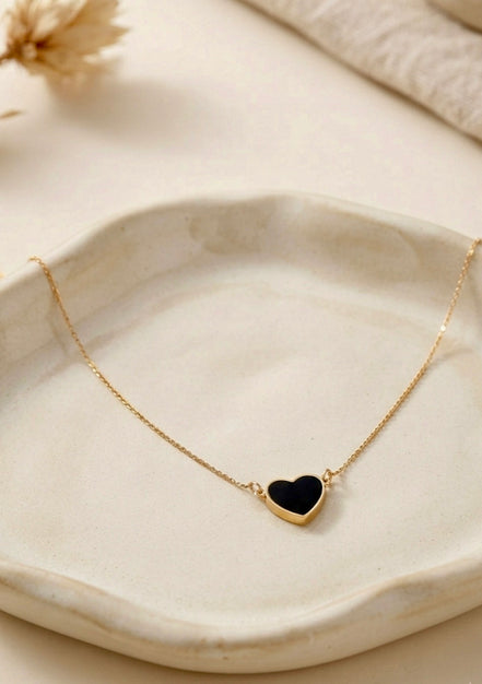 Black Enamel Heart Herringbone Pendant Chain
