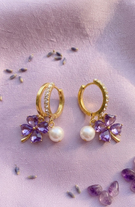 Korean Purple Flower Clover Pearl Huggie