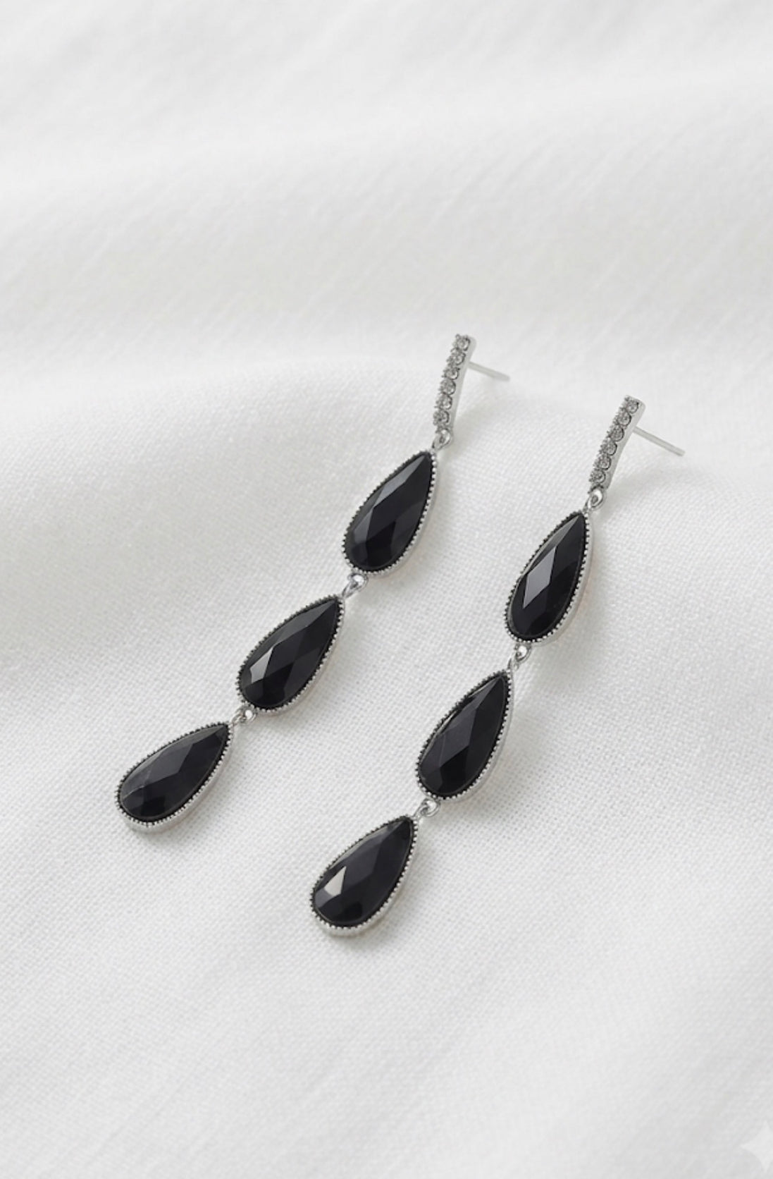 Triple Black Teardrop Linear Drop Earrings
