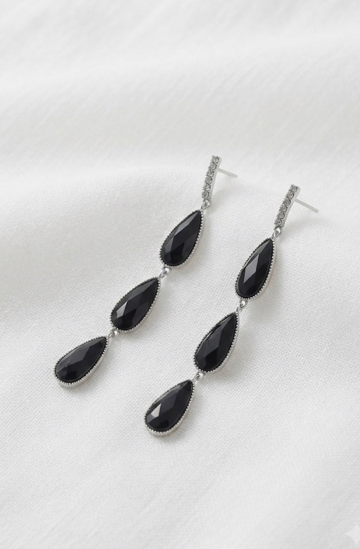 Triple Black Teardrop Linear Drop Earrings