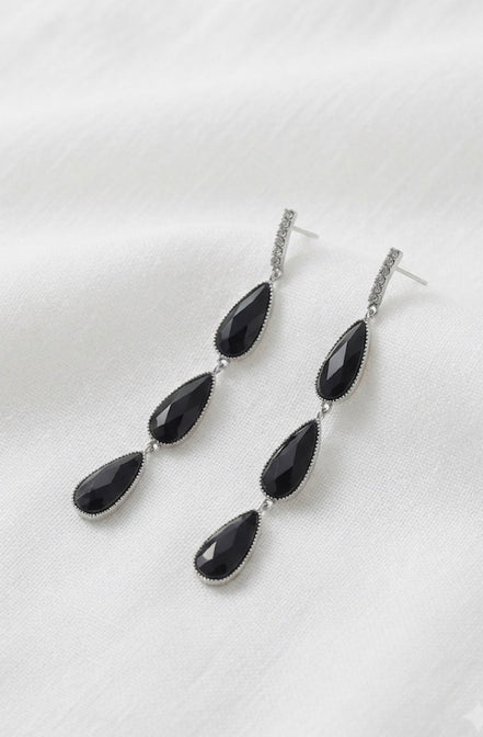 Triple Black Teardrop Linear Drop Earrings