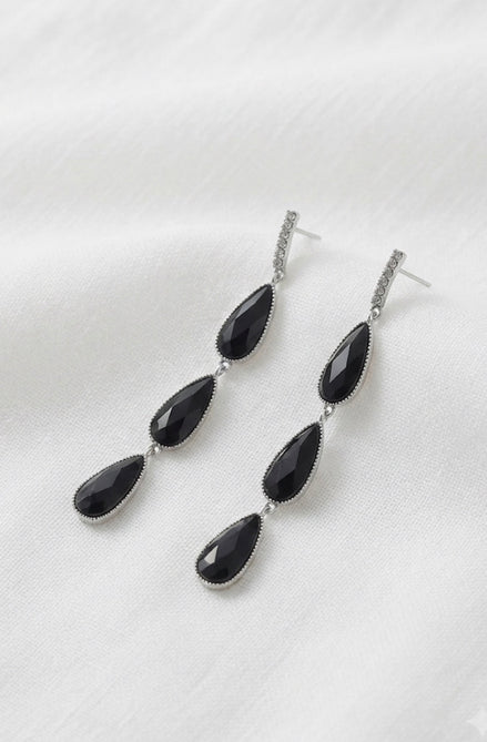 Triple Black Teardrop Linear Drop Earrings