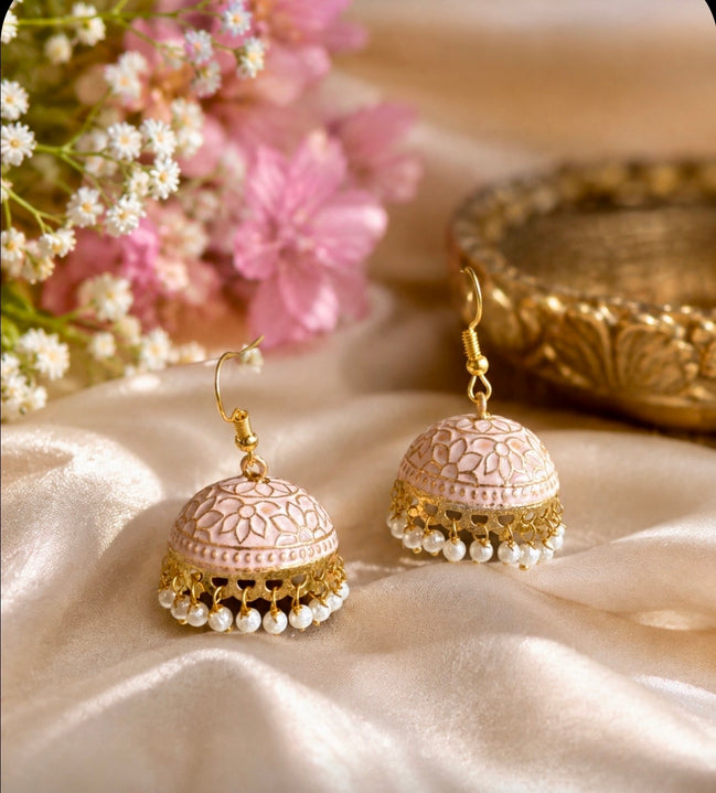 Handcrafted Pastel Pink Meenakari Jhumka Earrings