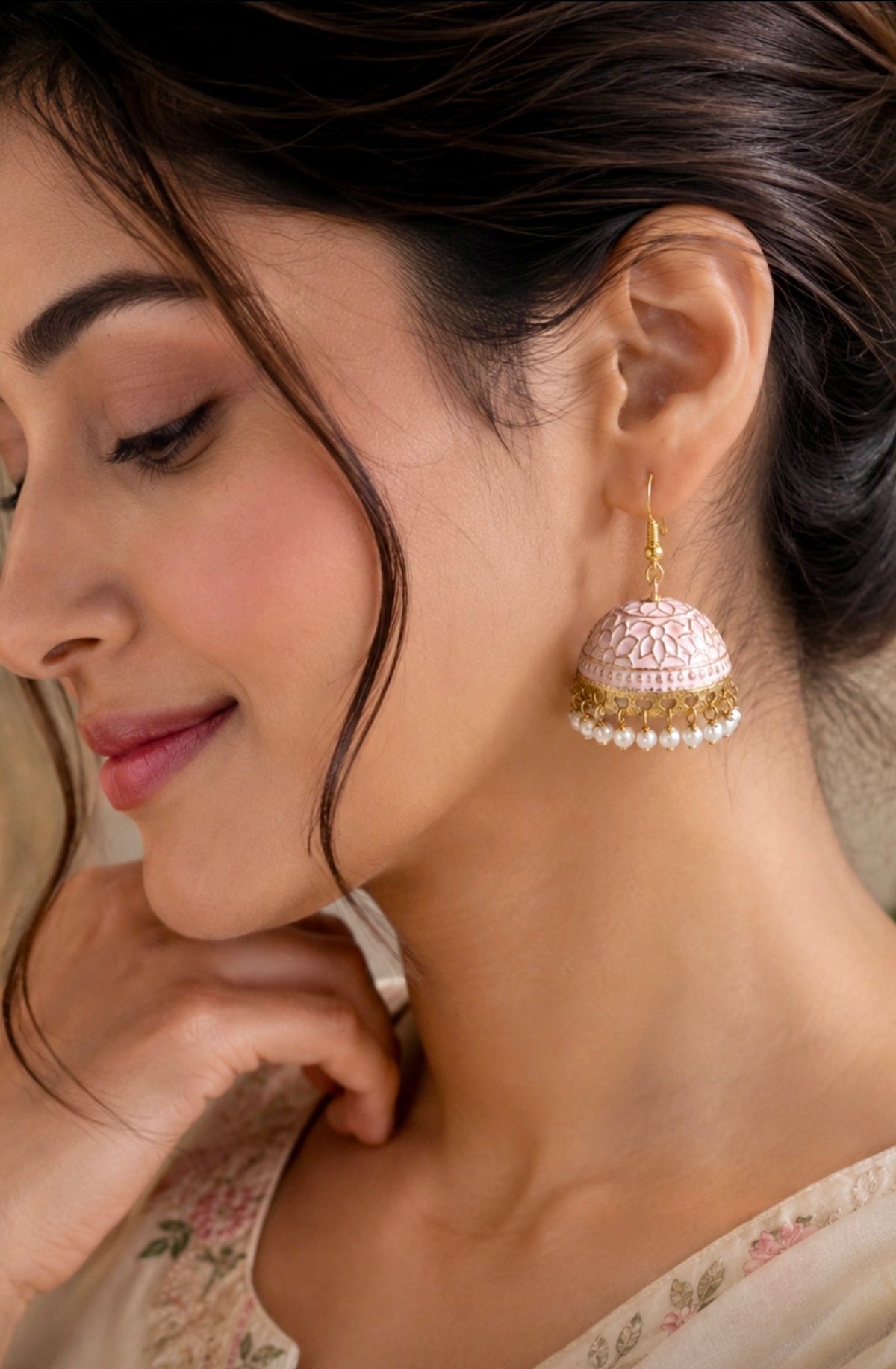 Handcrafted Pastel Pink Meenakari Jhumka Earrings