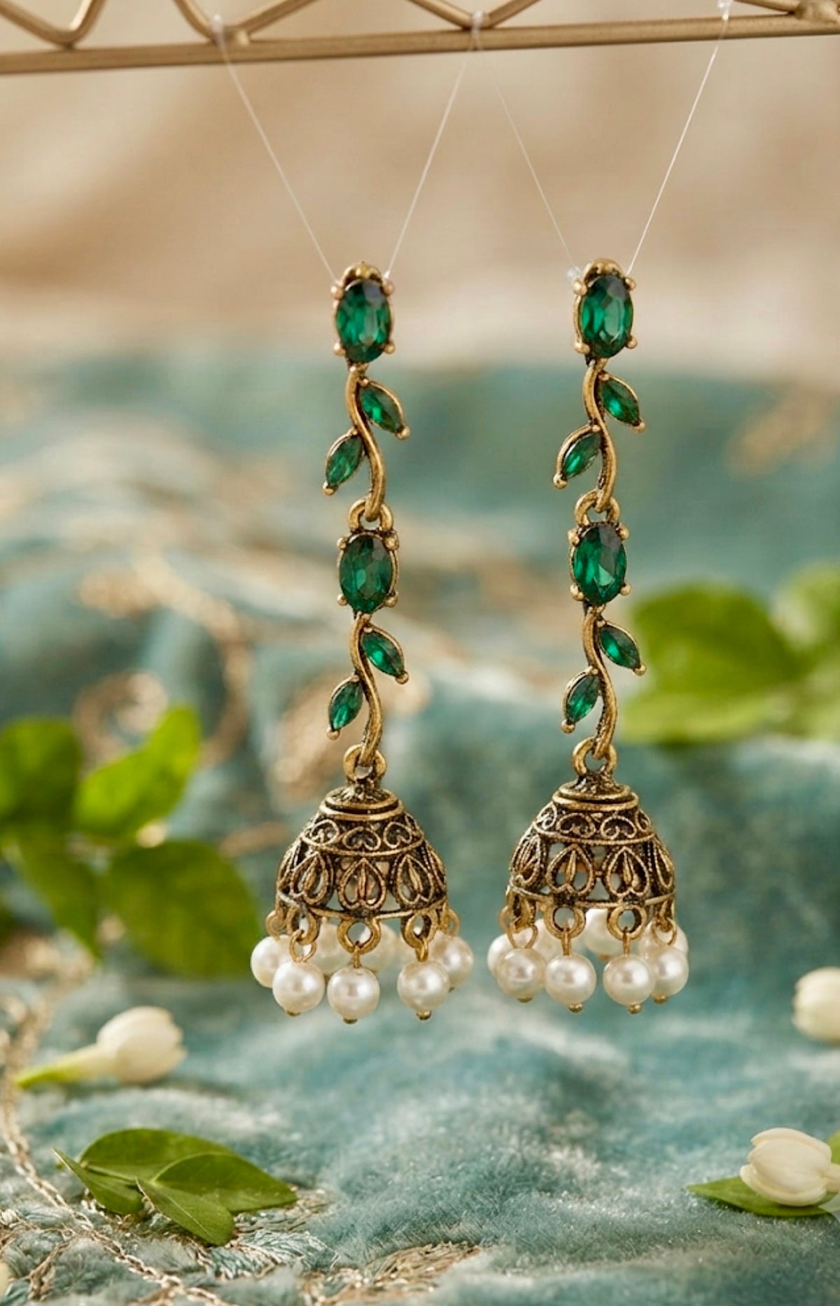Antique Gold Vine Leaf Drop Jhumka Earrings
