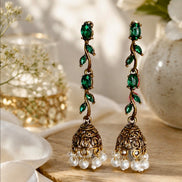 Antique Gold Vine Leaf Drop Jhumka Earrings