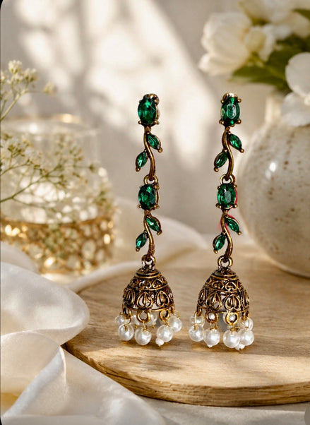 Antique Gold Vine Leaf Drop Jhumka Earrings