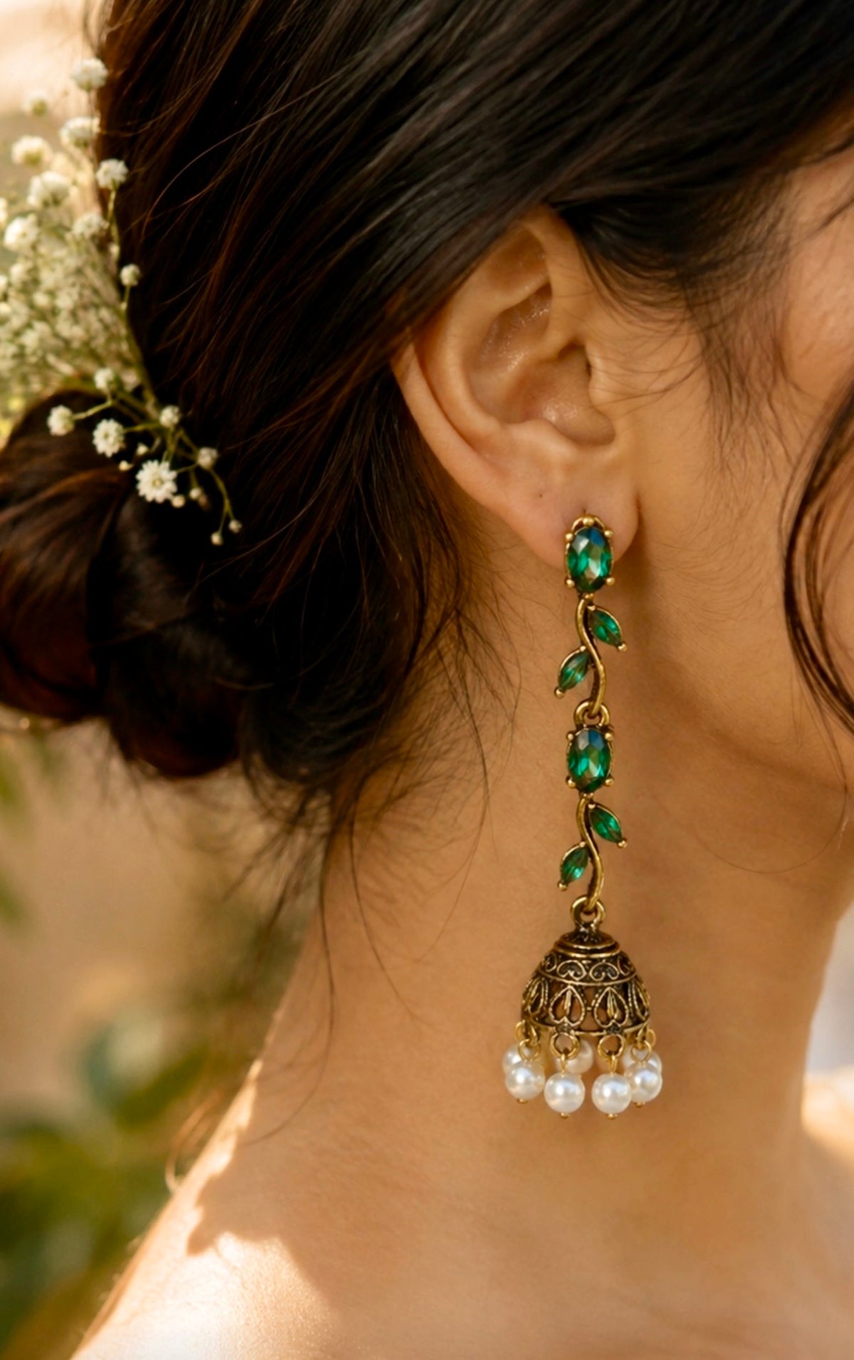 Antique Gold Vine Leaf Drop Jhumka Earrings