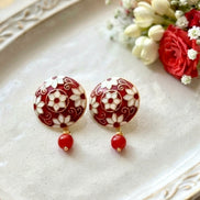 Red Meenakari Floral Round Studs with Drop Beads