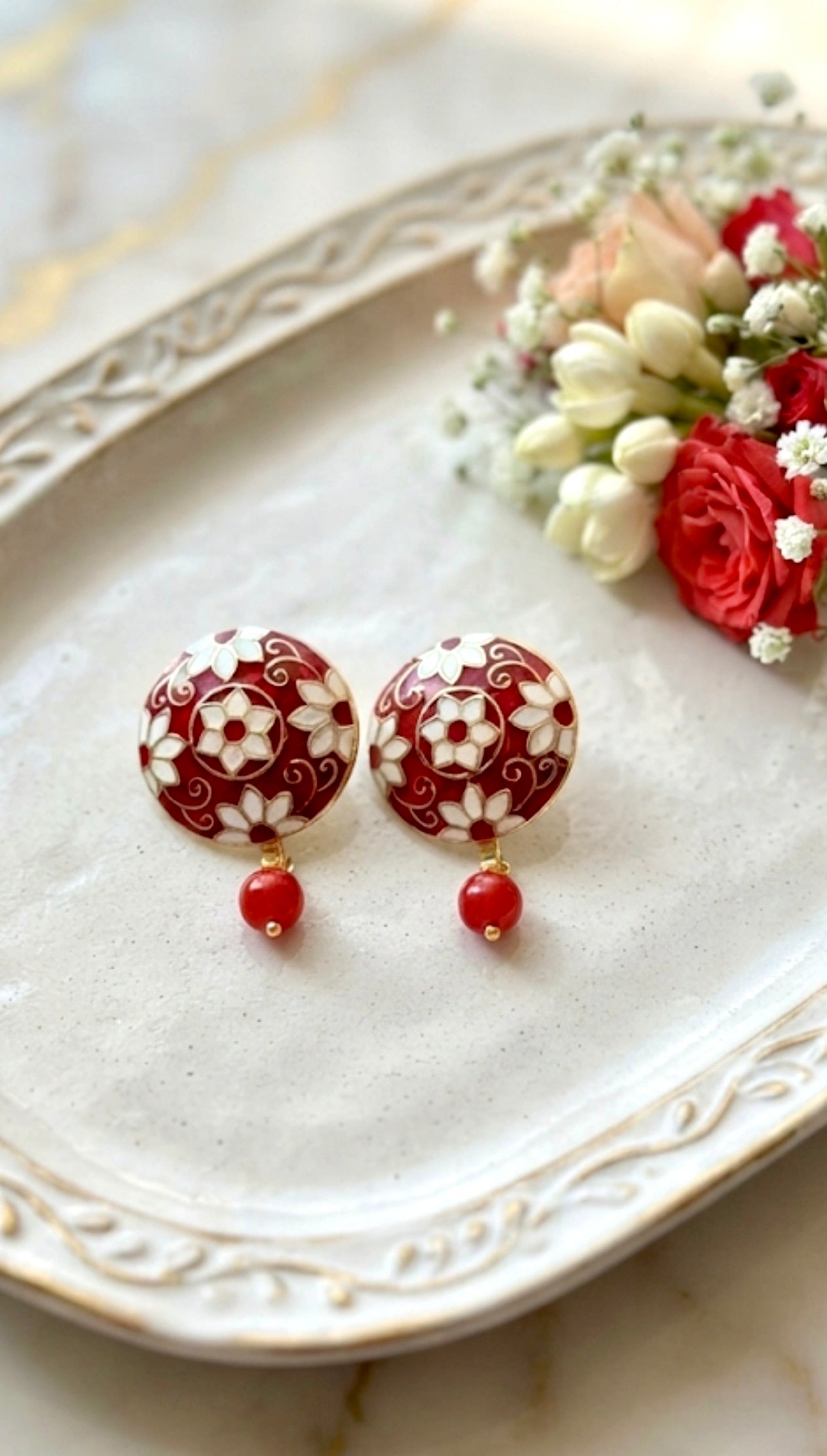 Red Meenakari Floral Round Studs with Drop Beads