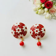 Red Meenakari Floral Round Studs with Drop Beads