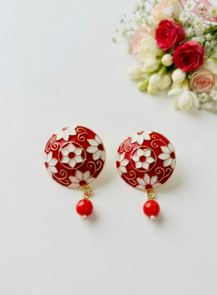 Red Meenakari Floral Round Studs with Drop Beads
