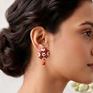 Red Meenakari Floral Round Studs with Drop Beads