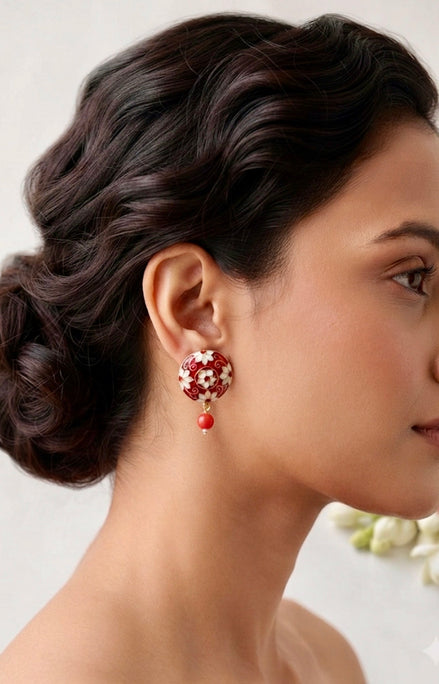 Red Meenakari Floral Round Studs with Drop Beads