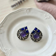 Vintage Oxidized Silver Blue Stone Stud Earrings