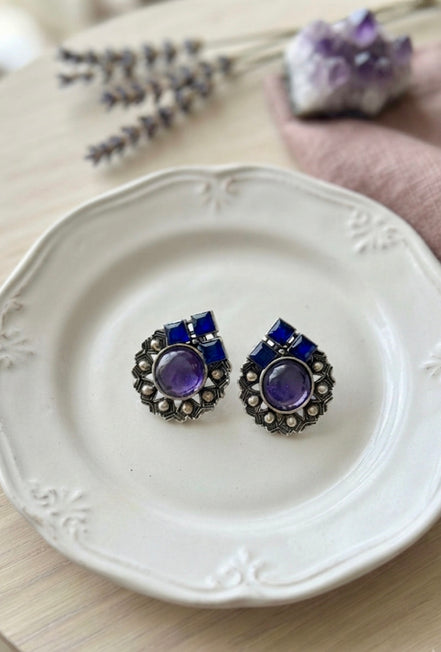 Vintage Oxidized Silver Blue Stone Stud Earrings