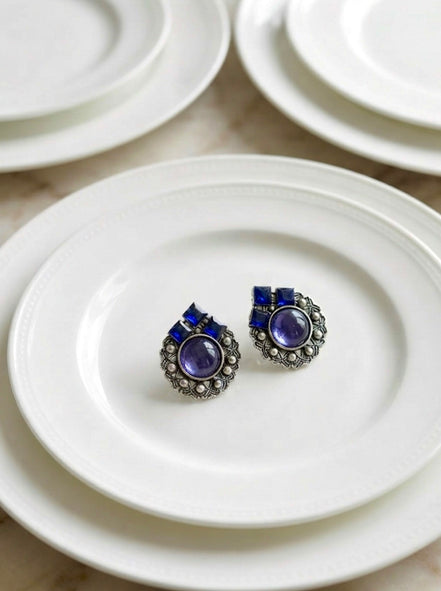 Vintage Oxidized Silver Blue Stone Stud Earrings
