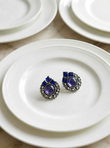 Vintage Oxidized Silver Blue Stone Stud Earrings