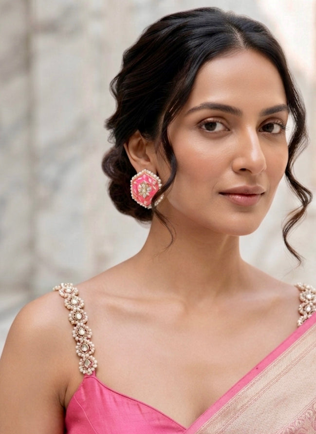 Pink Meenakari Kundan Studs