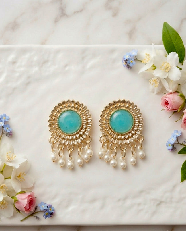 Antique Gold Turquoise Studs with Pearl Drop