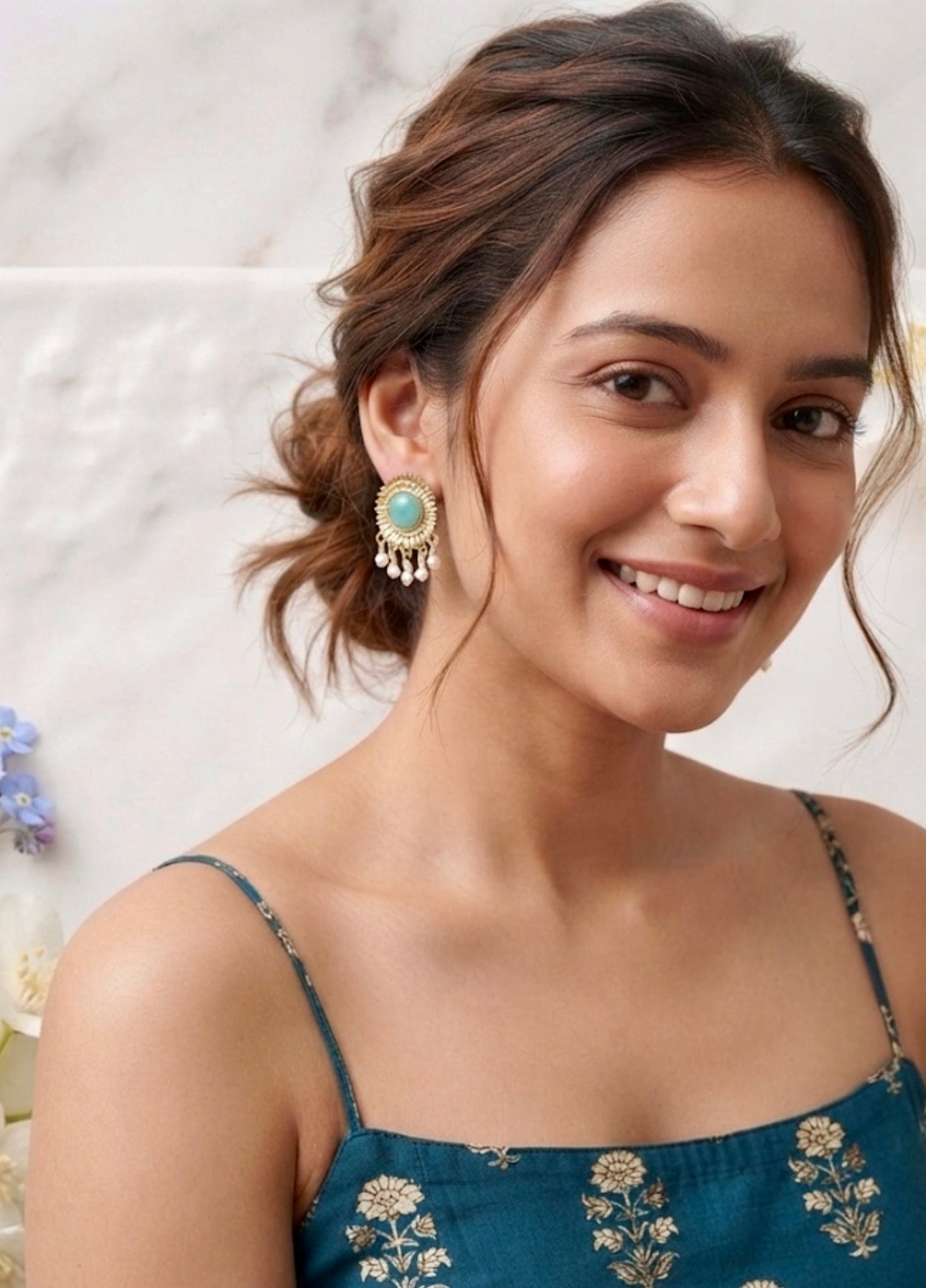 Antique Gold Turquoise Studs with Pearl Drop