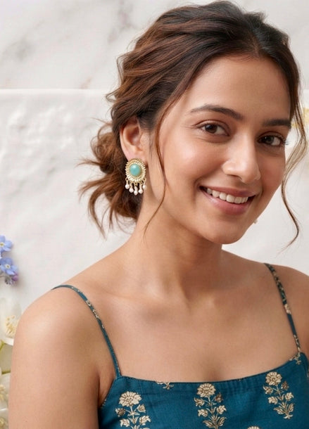 Antique Gold Turquoise Studs with Pearl Drop