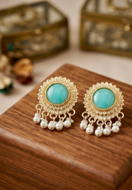 Antique Gold Turquoise Studs with Pearl Drop
