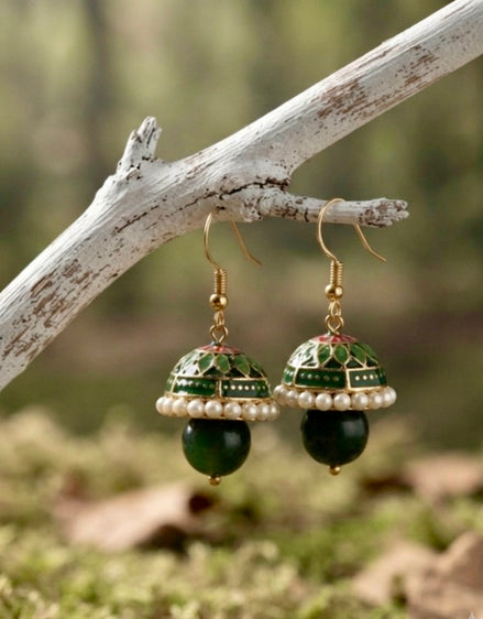 Green Meenakari Jhumkas