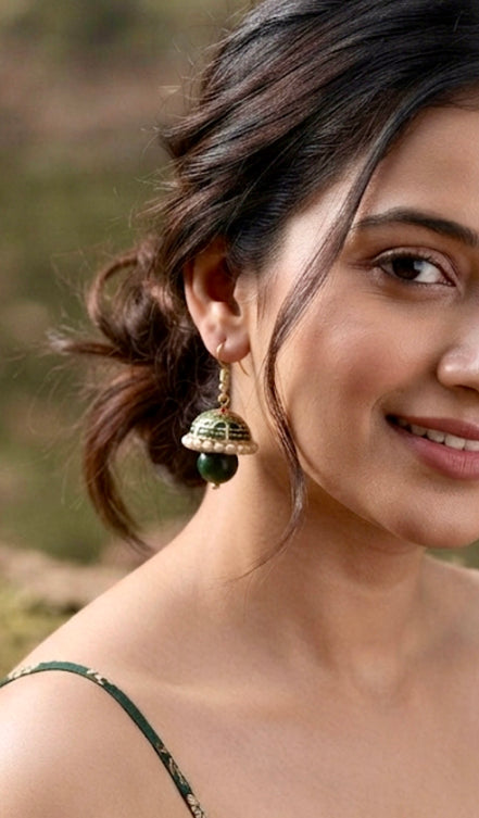 Green Meenakari Jhumkas