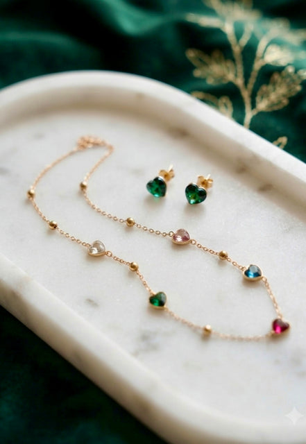 Multicolor Crystal Heart Charm Chain With Studs