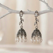 Oxidized Silver Floral Leaf Pearl Jhumka