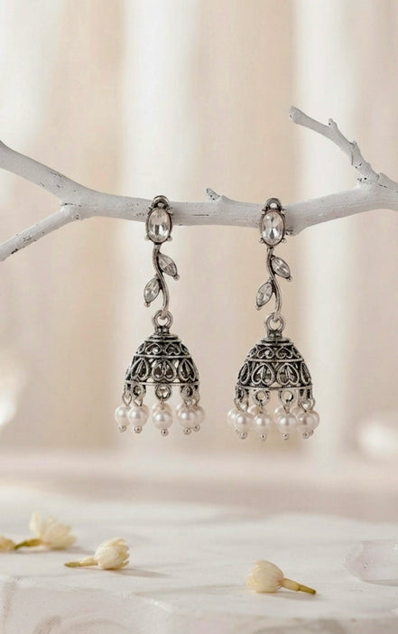 Oxidized Silver Floral Leaf Pearl Jhumka