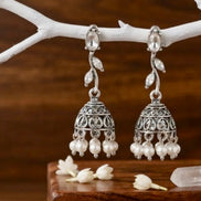Oxidized Silver Floral Leaf Pearl Jhumka