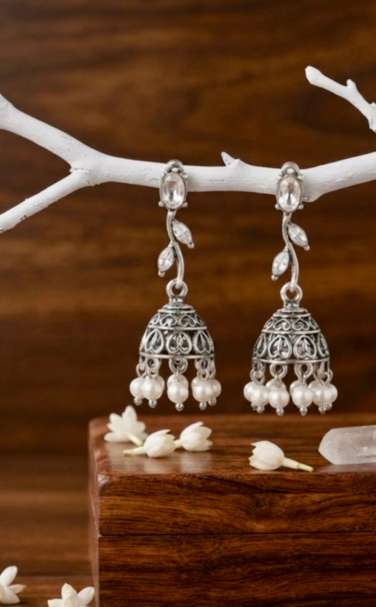Oxidized Silver Floral Leaf Pearl Jhumka